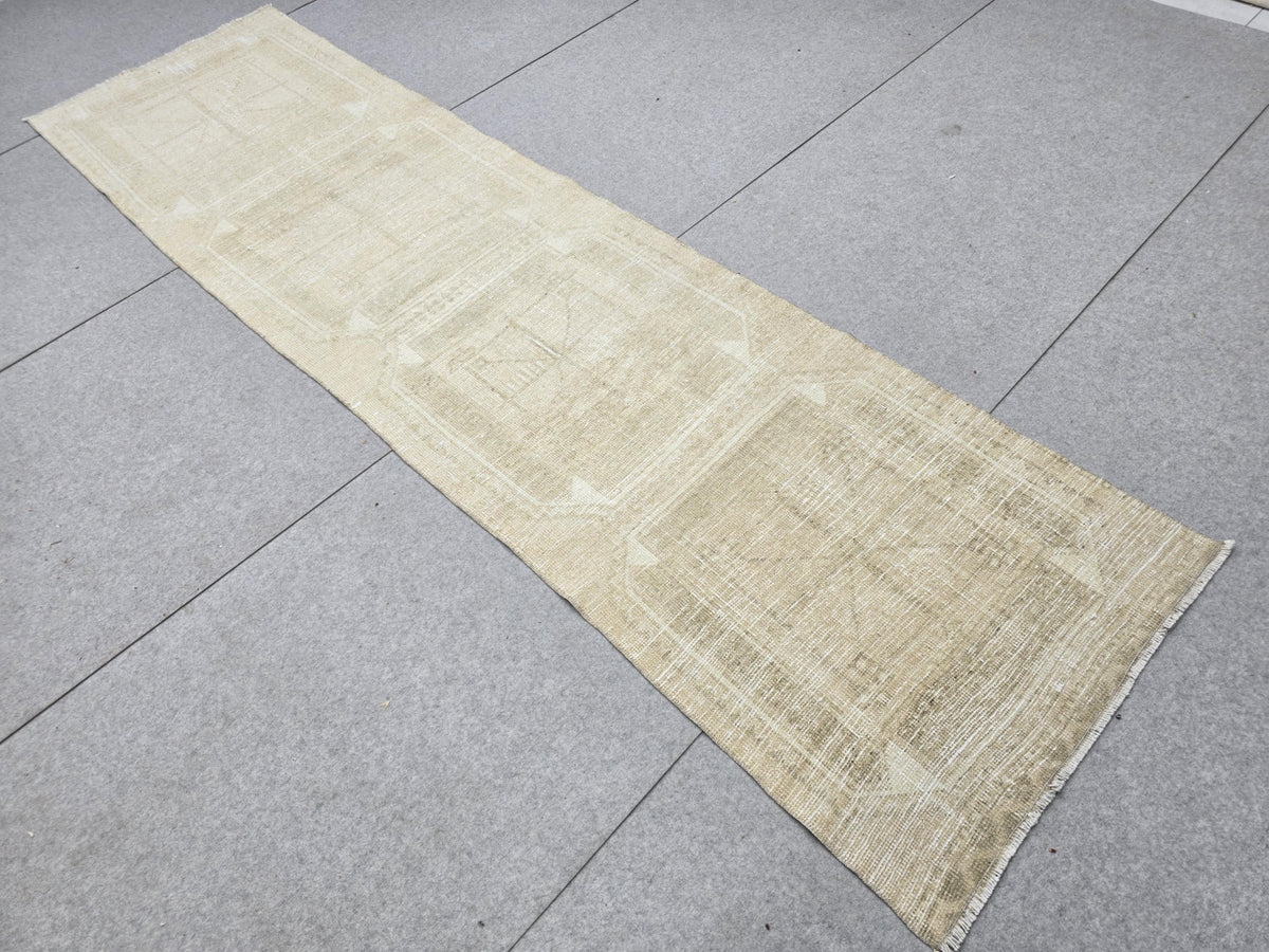 Turkish Runner Rug 3x11, Faded Oatmeal Hallway Runner, Vintage Wool Kitchen Runner Rug, Neutral Boho Corridor Rug for Entryway Decor