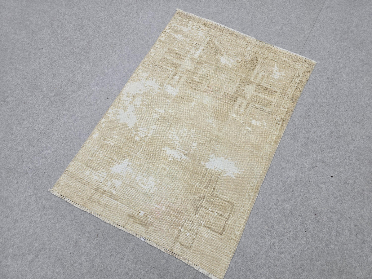 Vintage Rug 3x4, Small Distressed Neutral Rug, Hand Knotted Wool Oushak Accent Rug, Faded Beige Kitchen Mat, Boho Entryway Door Rug