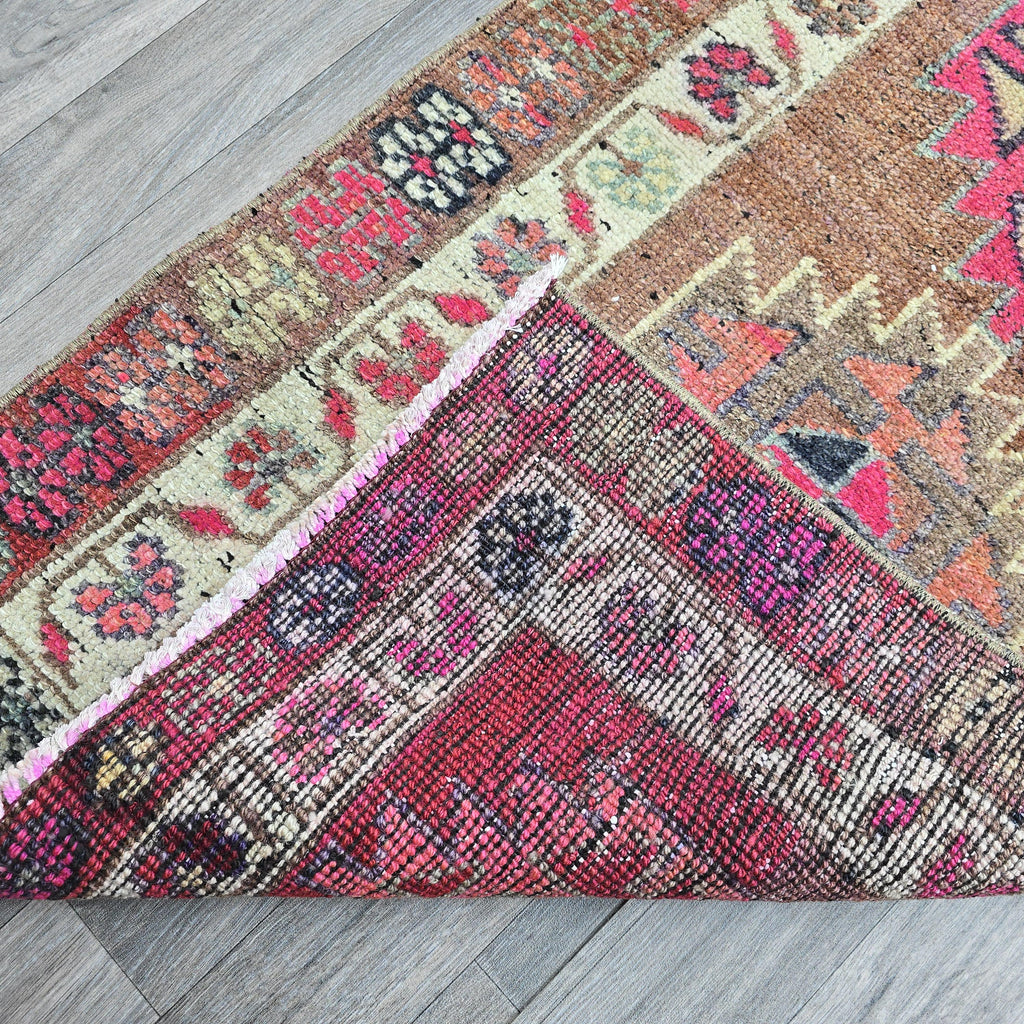 Vintage Turkish Oushak Runner Rug: Pink & Blue Wool Hallway Carpet