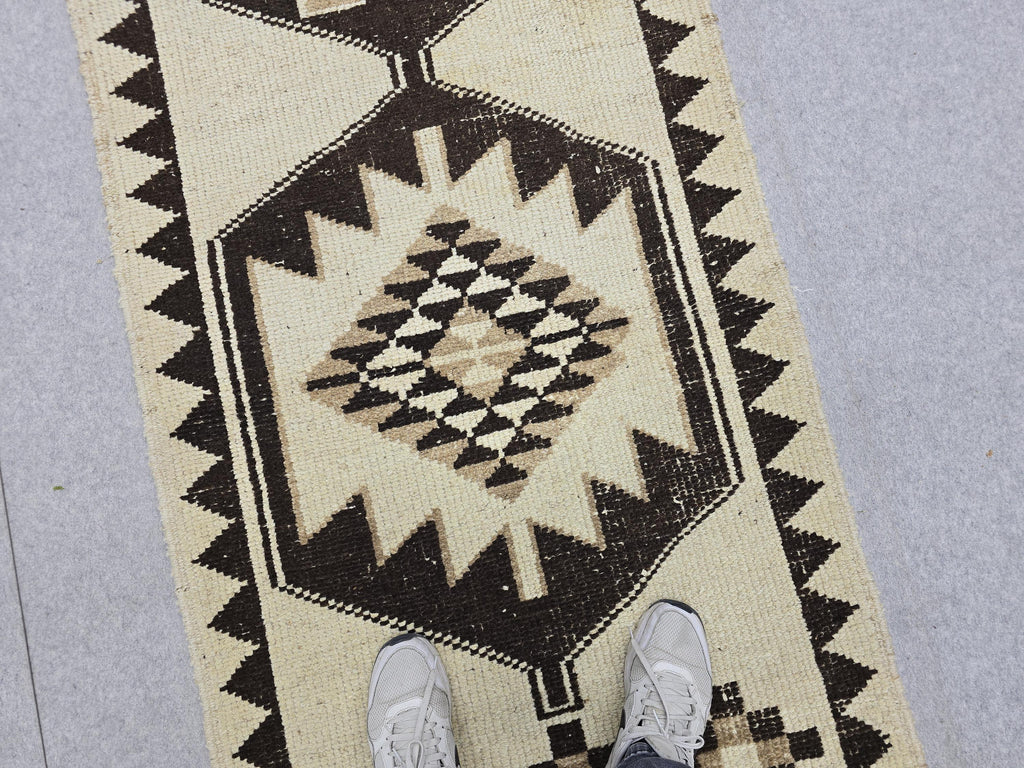 3x10 Vintage Turkish Runner Rug 3x10, Hand Knotted Tribal Wool Runner, Cream Brown Hallway Rug, Anatolian Oushak Runner, Boho Kitchen Runner