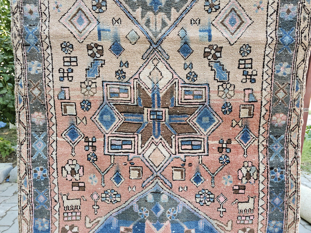 Antique Wool Runner Rug: Hand-Knotted Geometric Design (3.50x10.60 ft)