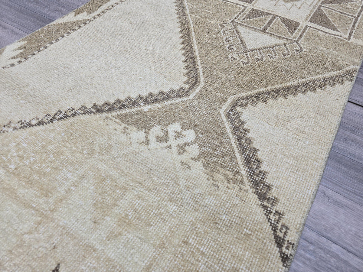 Vintage Anatolian Runner Rug: Cream Beige Wool Hallway Carpet, 3x13 Boho Rug