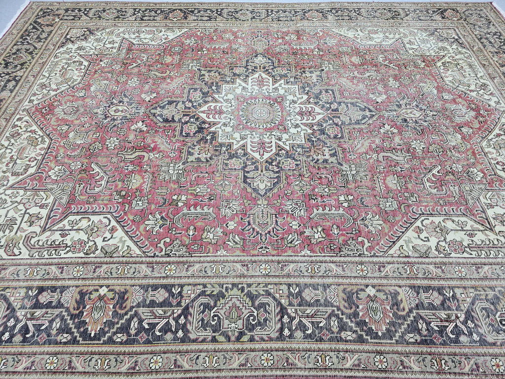 Vintage Hand-Knotted Wool Rug, Red Medallion Turkish Carpet, 9x13 Living Room Area Rug