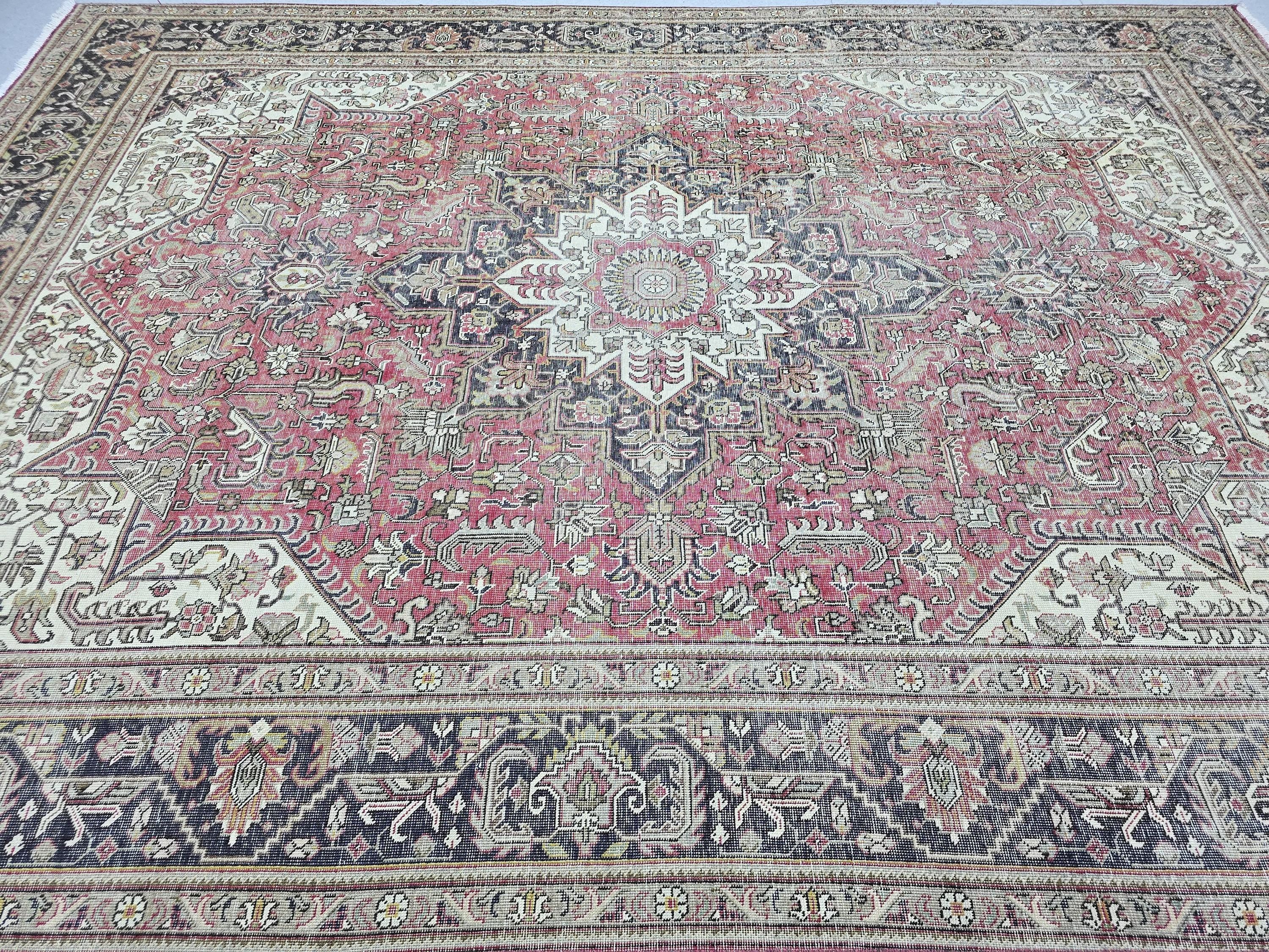 Vintage Hand-Knotted Wool Rug, Red Medallion Turkish Carpet, 9x13 Living Room Area Rug