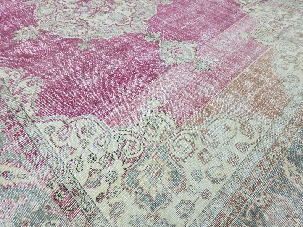 Vintage Turkish Oushak Rug: 7x11 Pink Floral Wool Carpet
