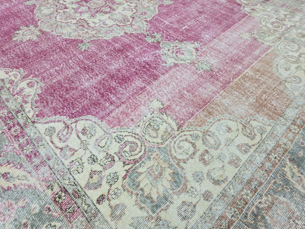 Vintage Turkish Oushak Rug: 7x11 Pink Floral Wool Carpet