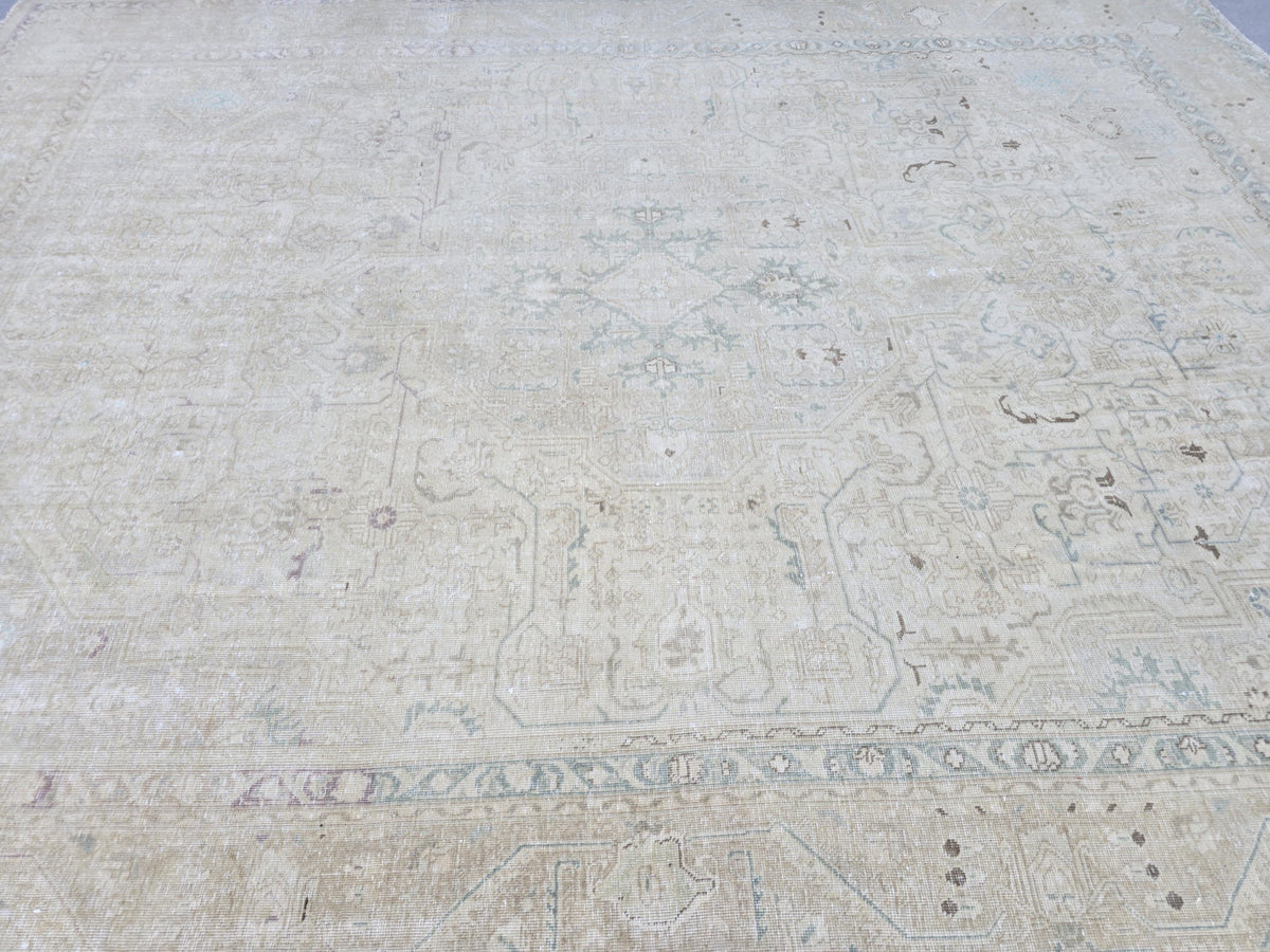 Turkish Rug 10x12, Faded Sand Beige Oversized Area Rug, Vintage Wool Carpet with Soft Blue Green, Living Room Boho Decor Rug