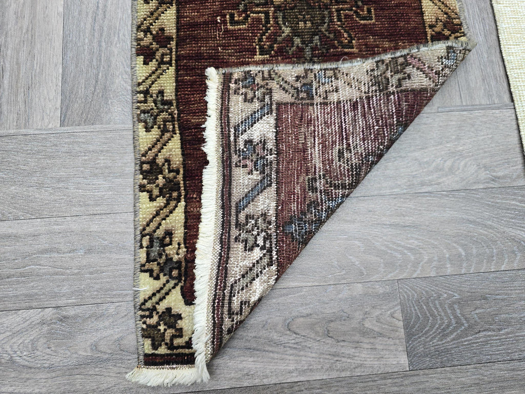 Vintage Turkish Wool Rug 2x3: Brown Beige Oushak Medallion Entry Mat
