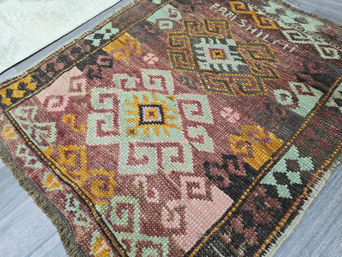 Antique Turkish Wool Rug: Small Oushak Yastik Doormat
