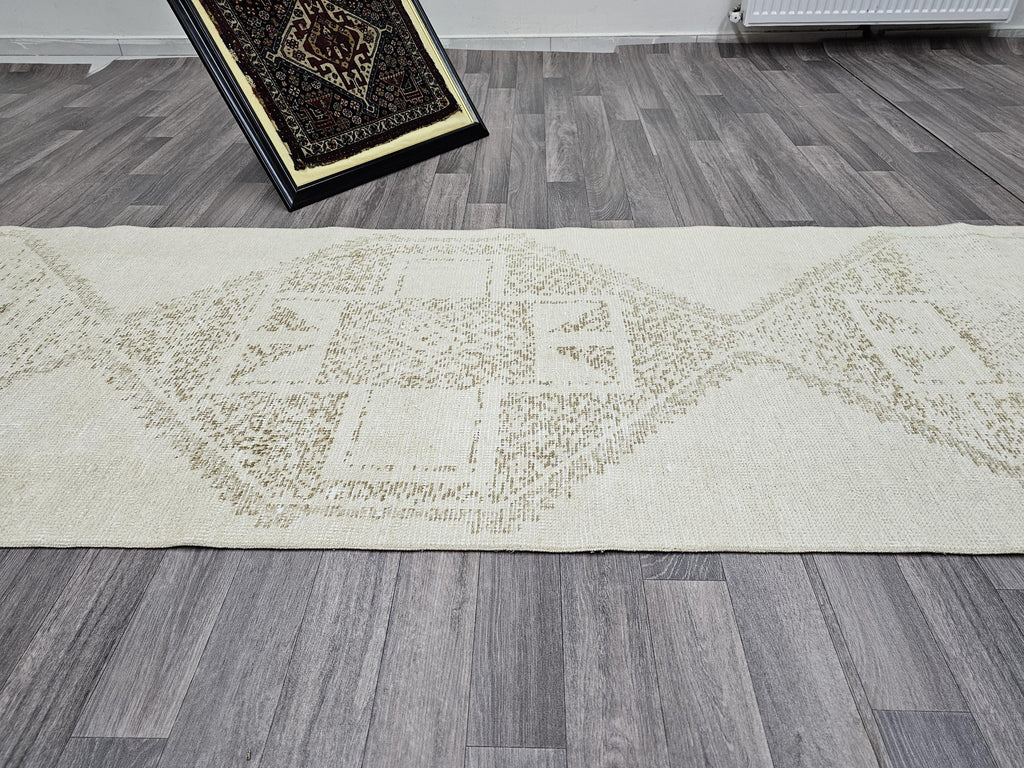 Vintage Oushak Runner Rug: 3x12.25 ft, Neutral Turkish Wool Rug