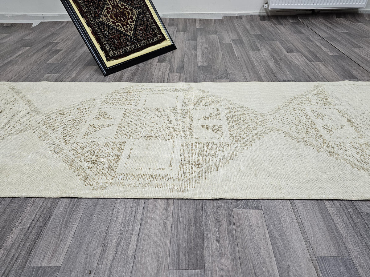 Vintage Oushak Runner Rug: 3x12.25 ft, Neutral Turkish Wool Rug