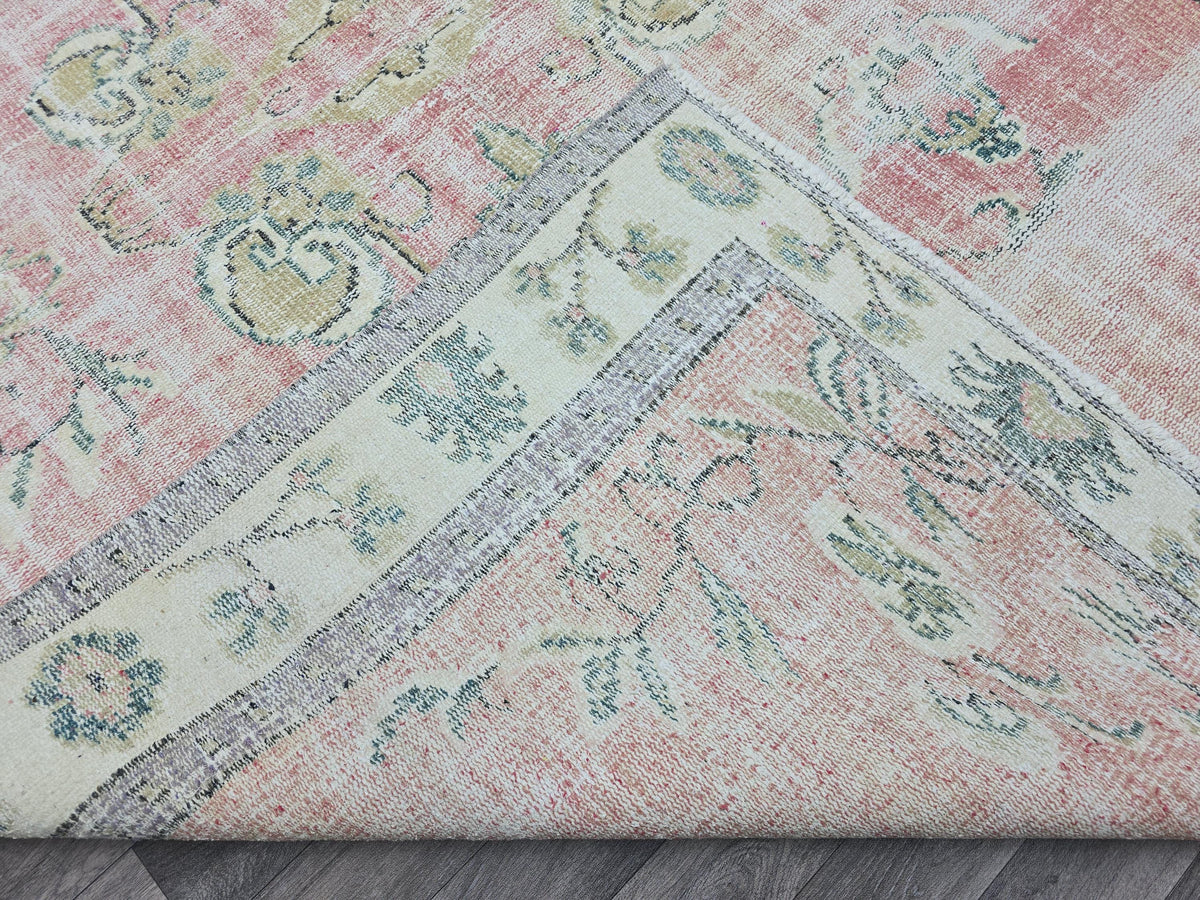 6x9 Vintage Turkish Oushak Rug: Pink Floral Wool Carpet