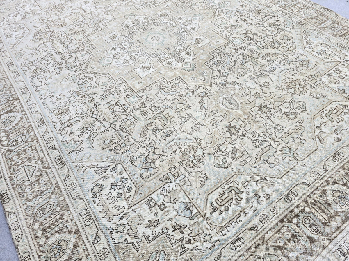Turkish Rug 9x12, Hand Knotted Vintage Wool Rug, Cream Beige Blue Medallion Area Rug for Living Room, Large Oversized Oriental Carpet