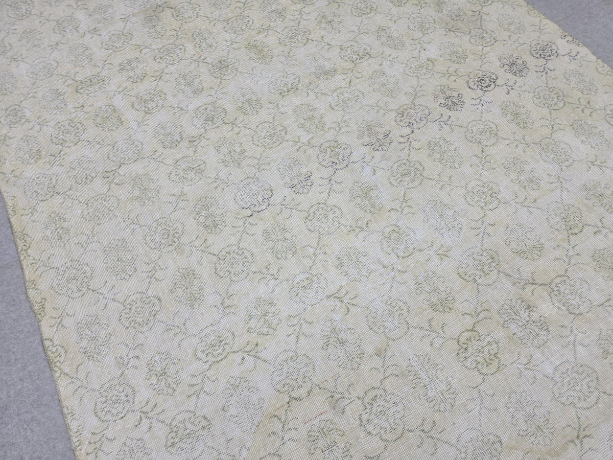 Vintage Turkish Rug 7x10, Hand-Knotted Wool, Borderless Floral Carpet, Muted Rose, Minimalist Decor