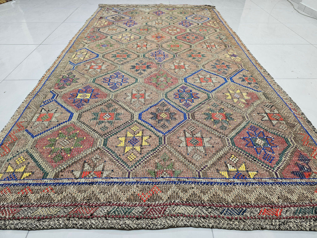 Checkered Vintage Handknotted Wool Rug: 5x9.5 ft Eclectic Oriental Carpet