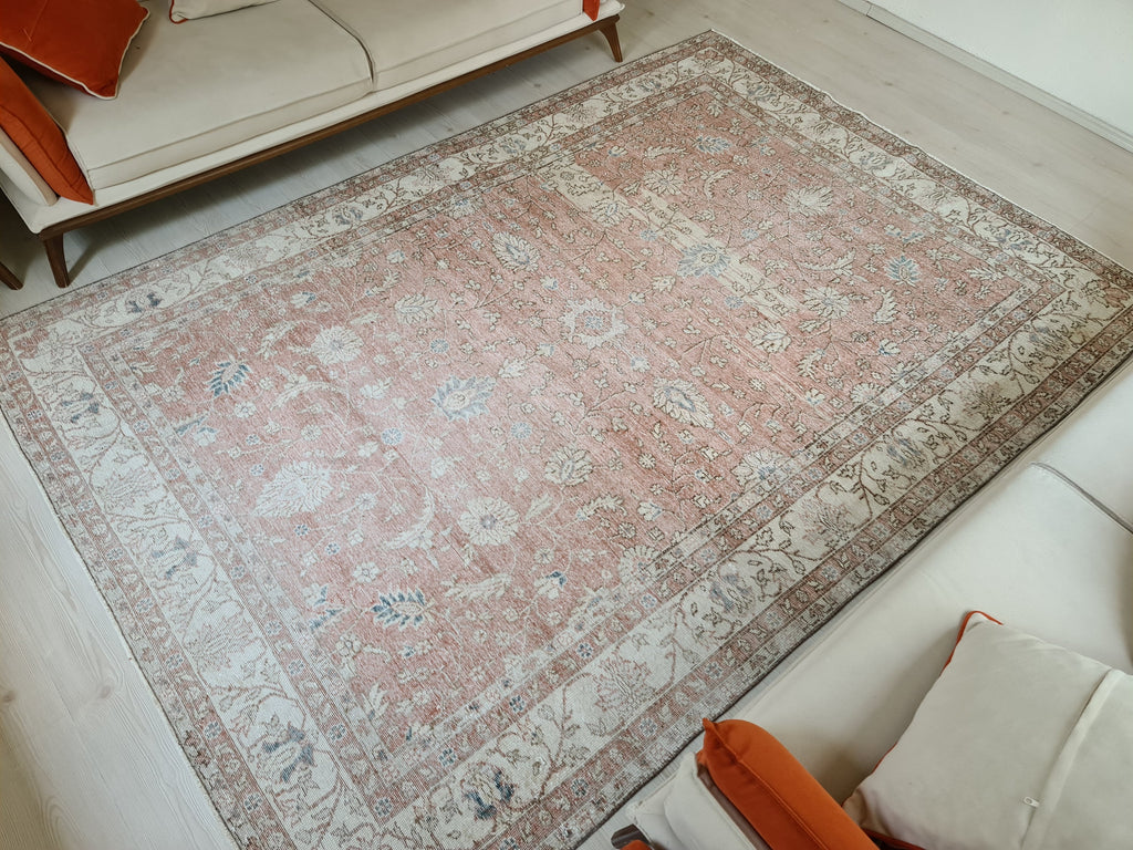 7x10 Vintage Turkish Rug: Hand knotted Wool Oushak area Rug -  6.8 x 9.9 ft, Organic Wool