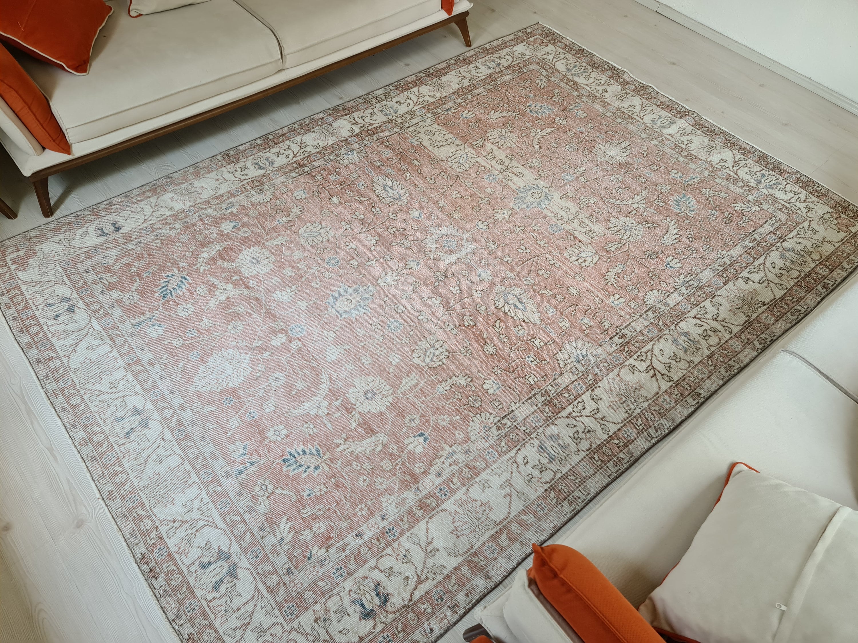 7x10 Vintage Turkish Rug: Hand knotted Wool Oushak area Rug -  6.8 x 9.9 ft, Organic Wool