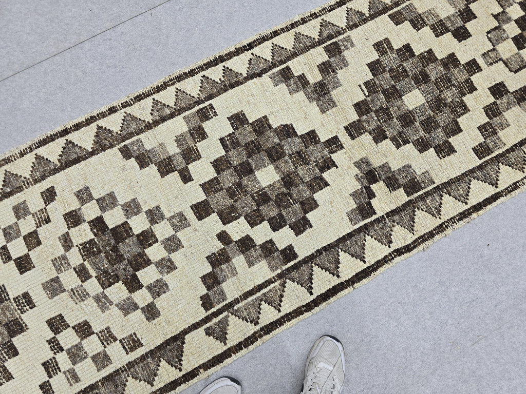 Vintage Rug Runner 3x11 | Neutral Cream Brown Tribal Hallway Carpet | Hand Knotted Wool Turkish Runner