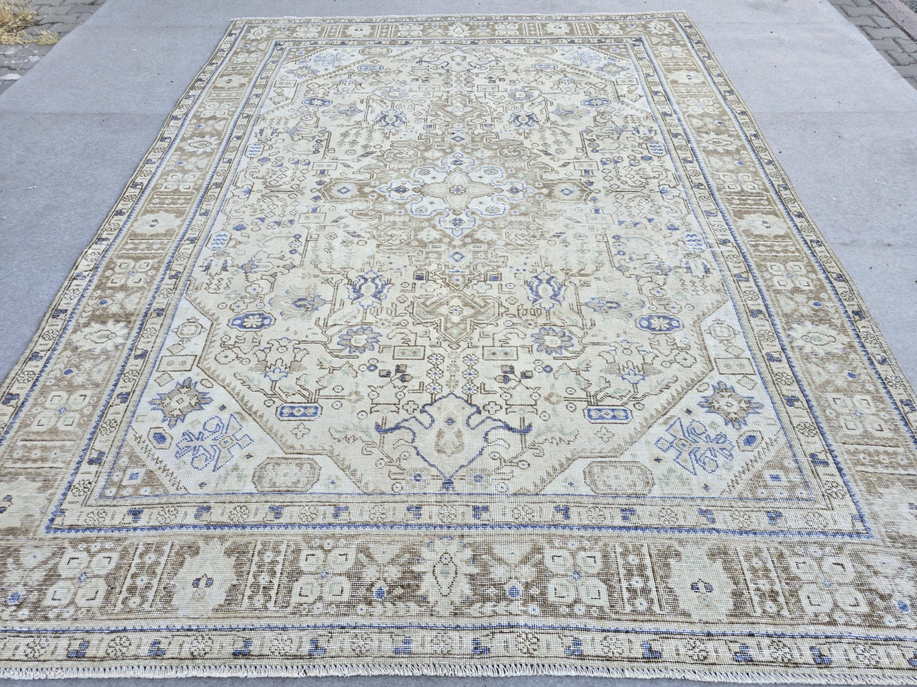 Oushak Rug 8x11, Vintage Turkish Rug, Blue Beige Area Rug, Hand Knotted Wool Rug, Faded Living Room Rug, Boho Neutral Carpet