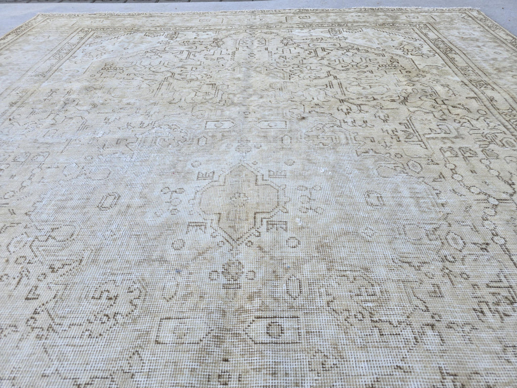 Vintage Rug 8x10, Hand Knotted Turkish Wool Area Rug, Faded Sand Beige Medallion Carpet, Muted Earthy Rug for Living Room, Bedroom, Office