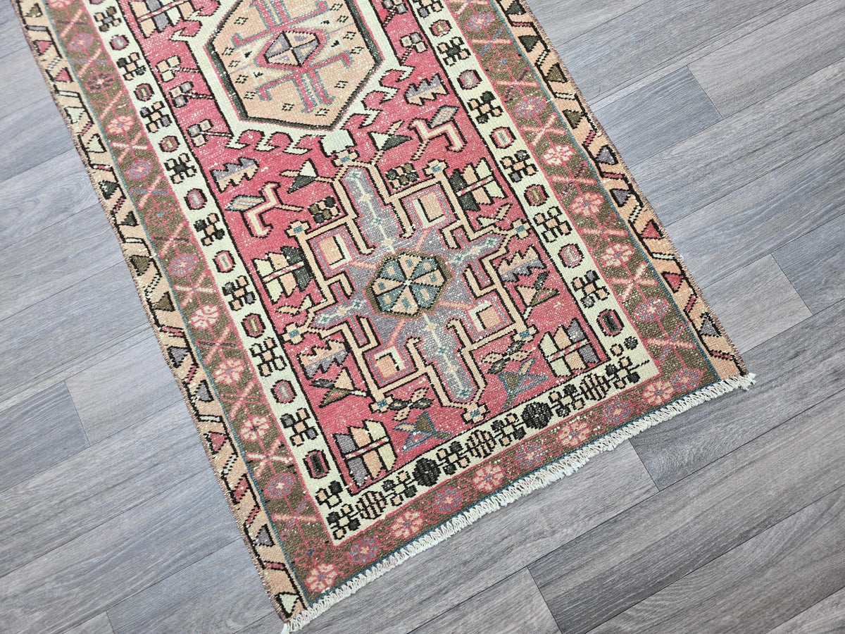 Vintage Turkish Runner Rug: Pink Beige Handknotted Wool, Geometric Hallway Decor (2.4x12.2 ft)