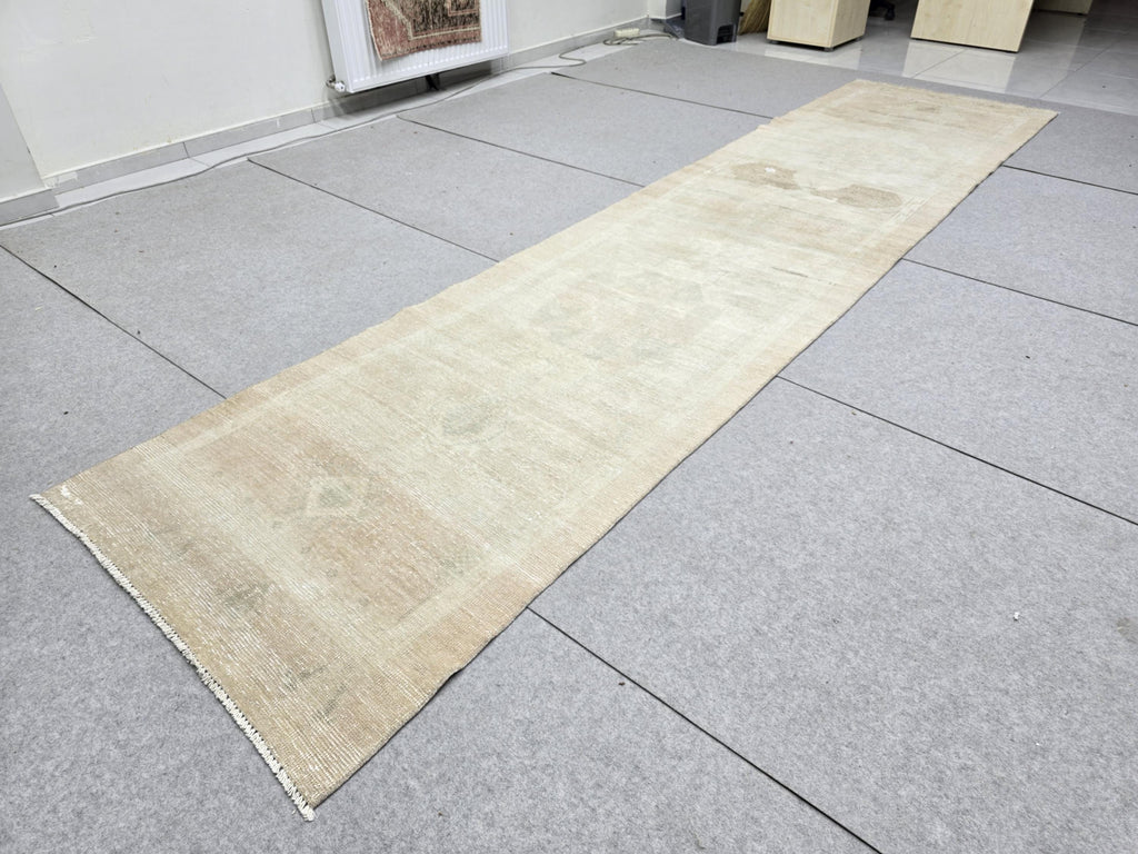 Oushak Runner Rug 3x13, Faded Apricot Beige Hallway Runner, Extra Long Wool Kitchen Runner, Soft Sage Entry Rug for Home Office Decor