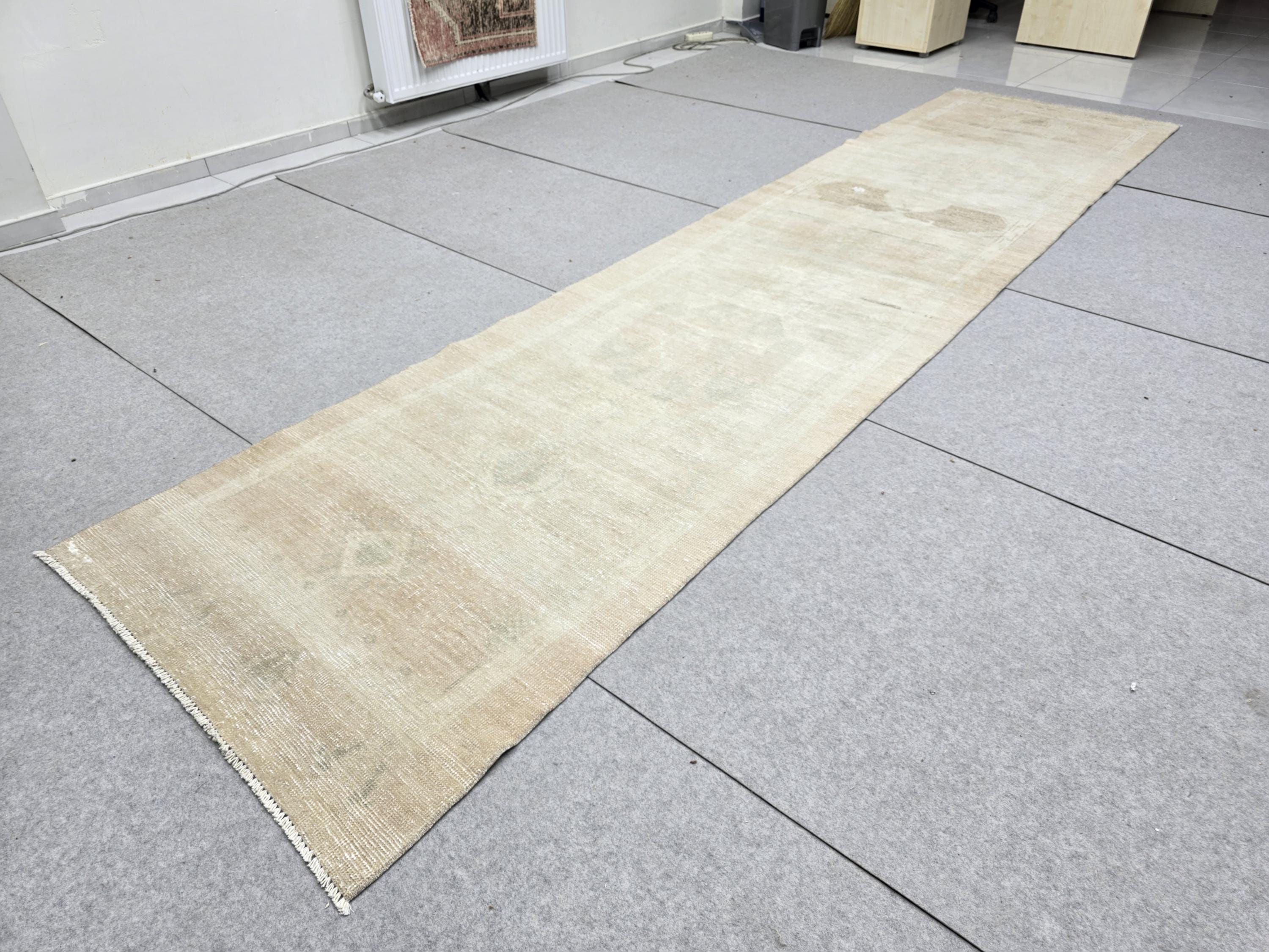 Oushak Runner Rug 3x13, Faded Apricot Beige Hallway Runner, Extra Long Wool Kitchen Runner, Soft Sage Entry Rug for Home Office Decor