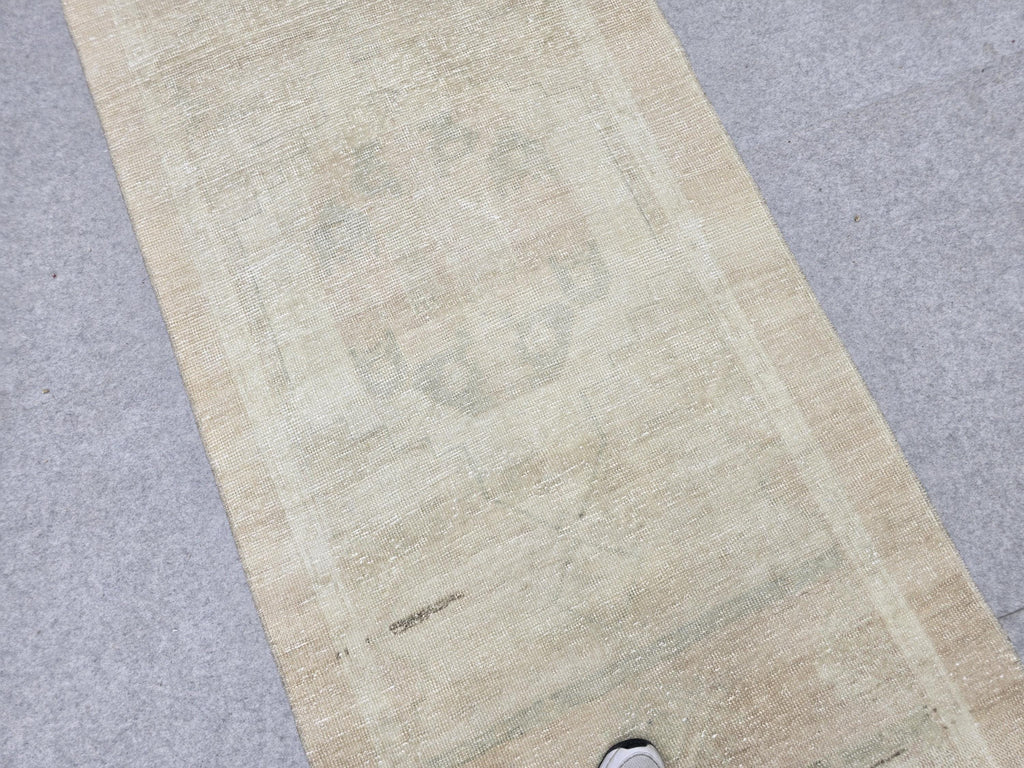 Oushak Runner Rug 3x13, Faded Apricot Beige Hallway Runner, Extra Long Wool Kitchen Runner, Soft Sage Entry Rug for Home Office Decor