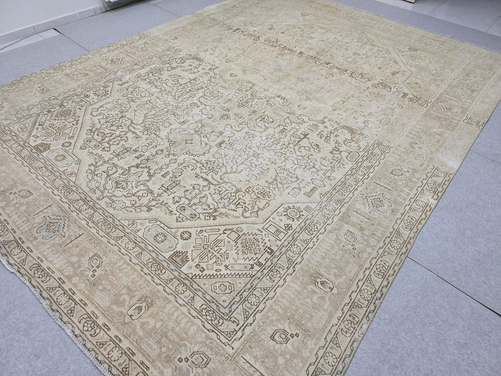 Oushak Rug 9x12, Antique Beige Medallion Wool Carpet, Muted Tan Hand Knotted Vintage Area Rug for Office or Living Room