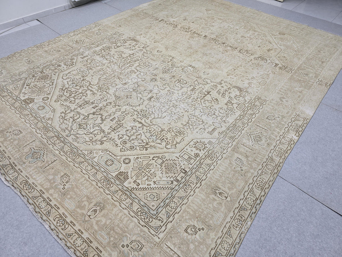 Oushak Rug 9x12, Antique Beige Medallion Wool Carpet, Muted Tan Hand Knotted Vintage Area Rug for Office or Living Room