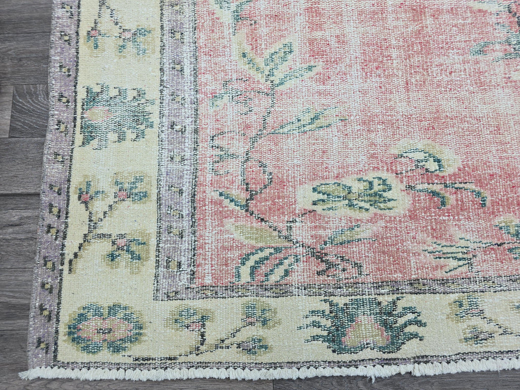 6x9 Vintage Turkish Oushak Rug: Pink Floral Wool Carpet