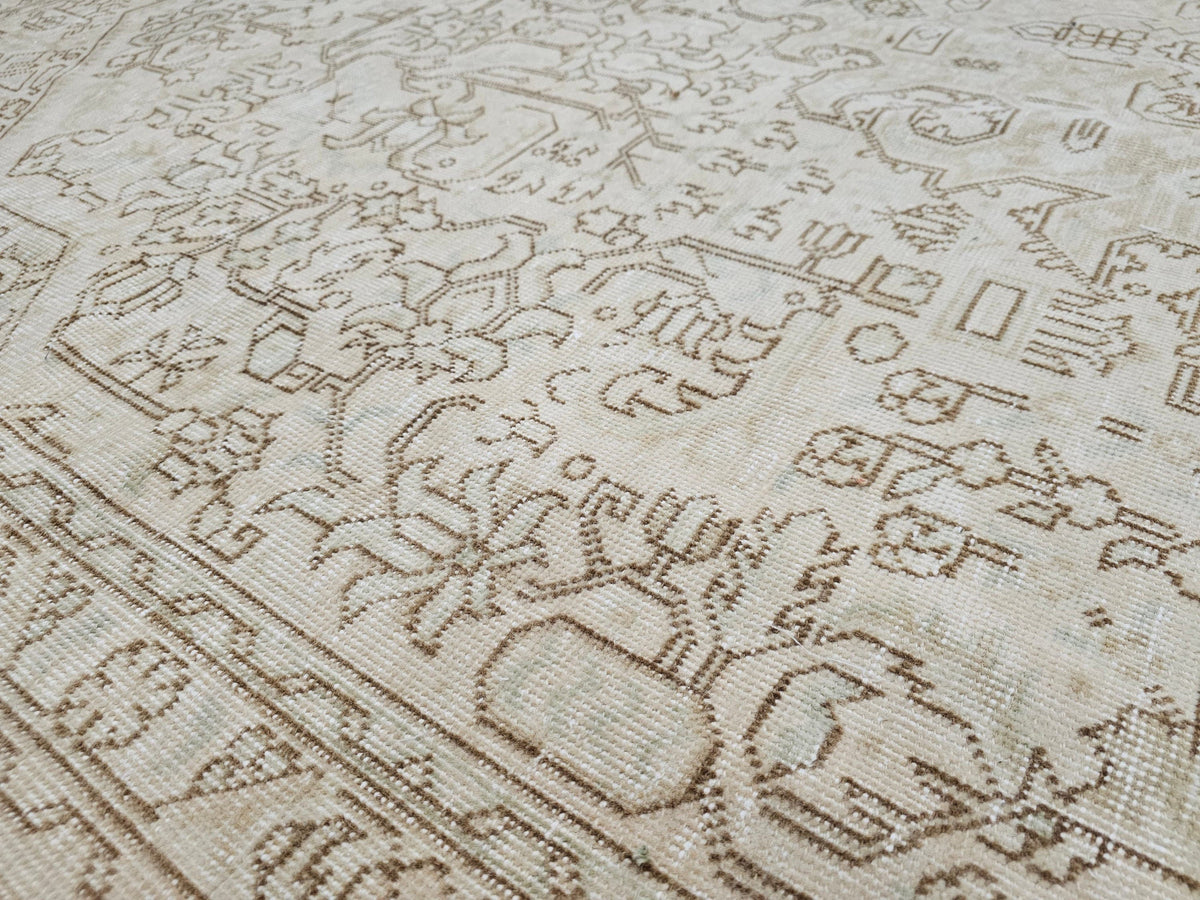 Oversized Neutral Oushak Rug: Vintage Geometric Turkish Wool Carpet (9.6x12.6 ft)
