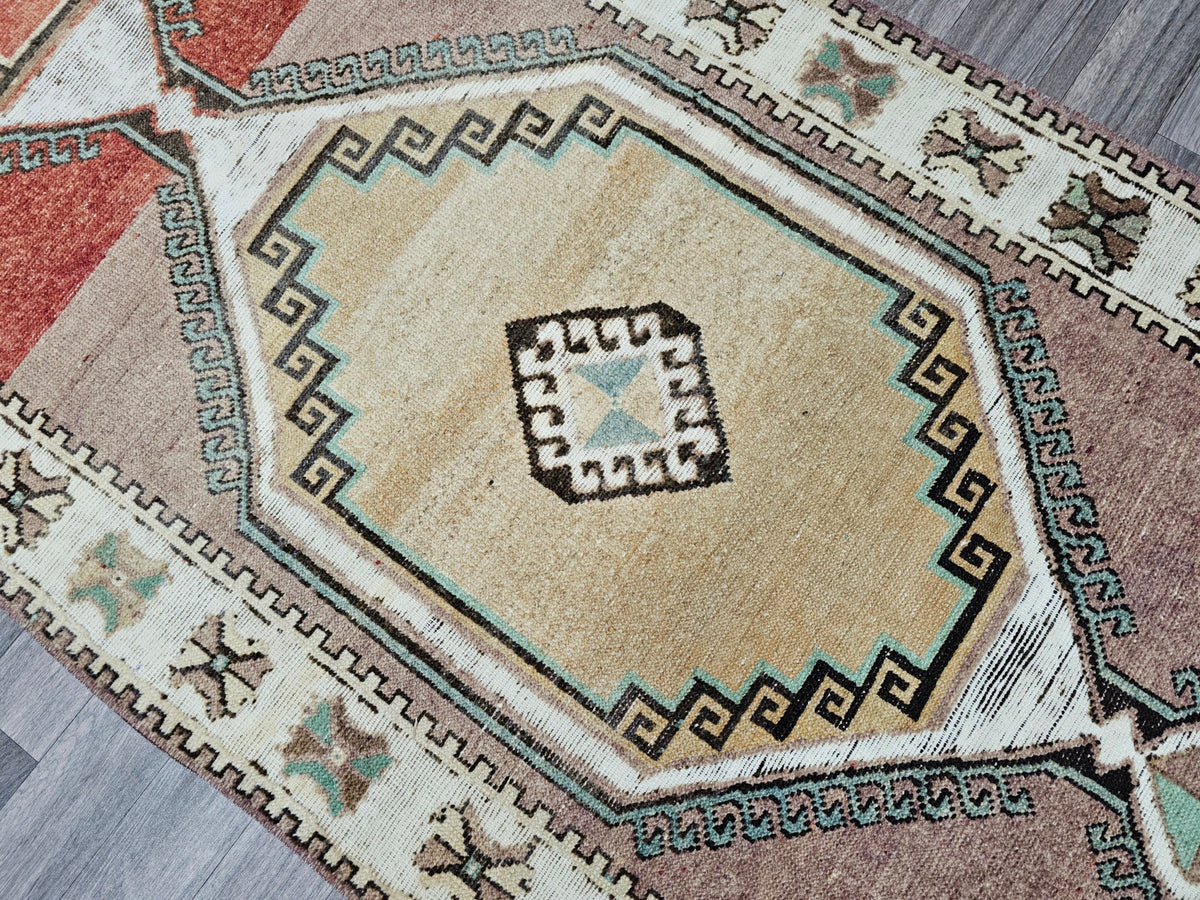 4x14 Vintage Turkish Runner Rug: Handmade Wool Oushak Carpet