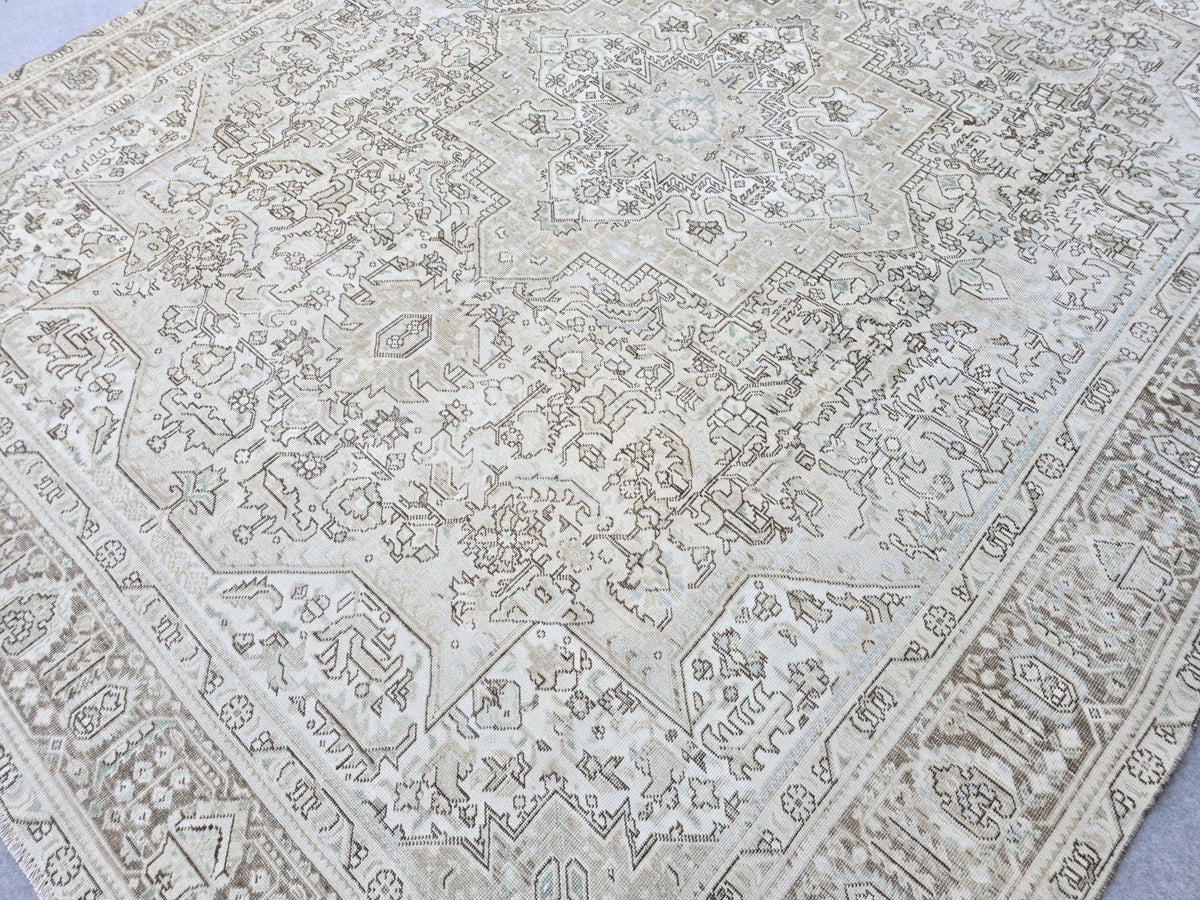 Oushak Rug 9x12:  High Quality Neutral Vintage Turkish Wool Area Rug 9.35x12.15 ft.