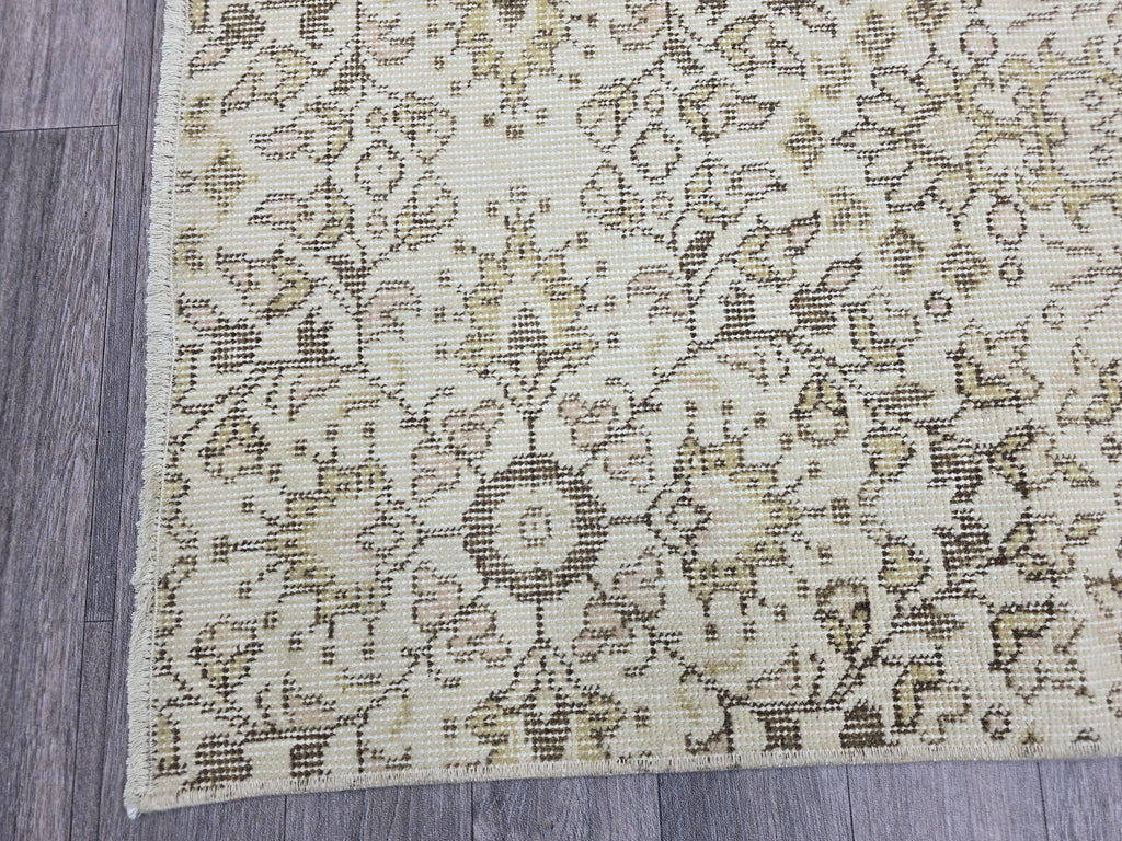 Vintage Turkish Oushak Runner Rug 4x7: Beige Wool Hallway Carpet