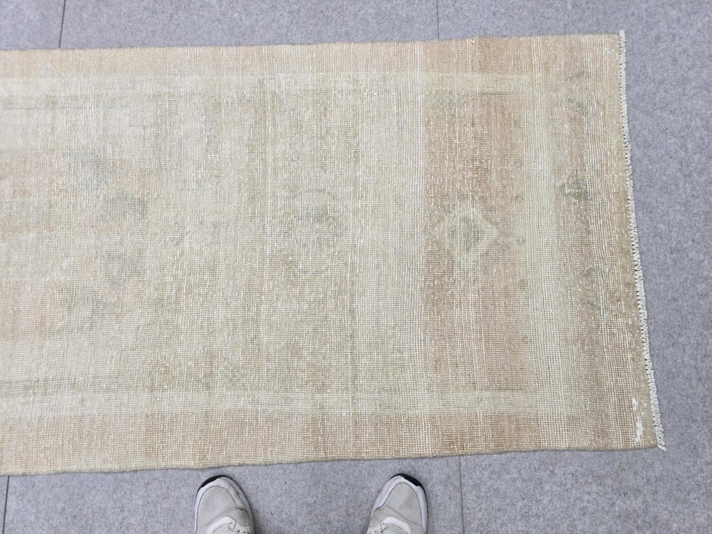 Oushak Runner Rug 3x13, Faded Apricot Beige Hallway Runner, Extra Long Wool Kitchen Runner, Soft Sage Entry Rug for Home Office Decor
