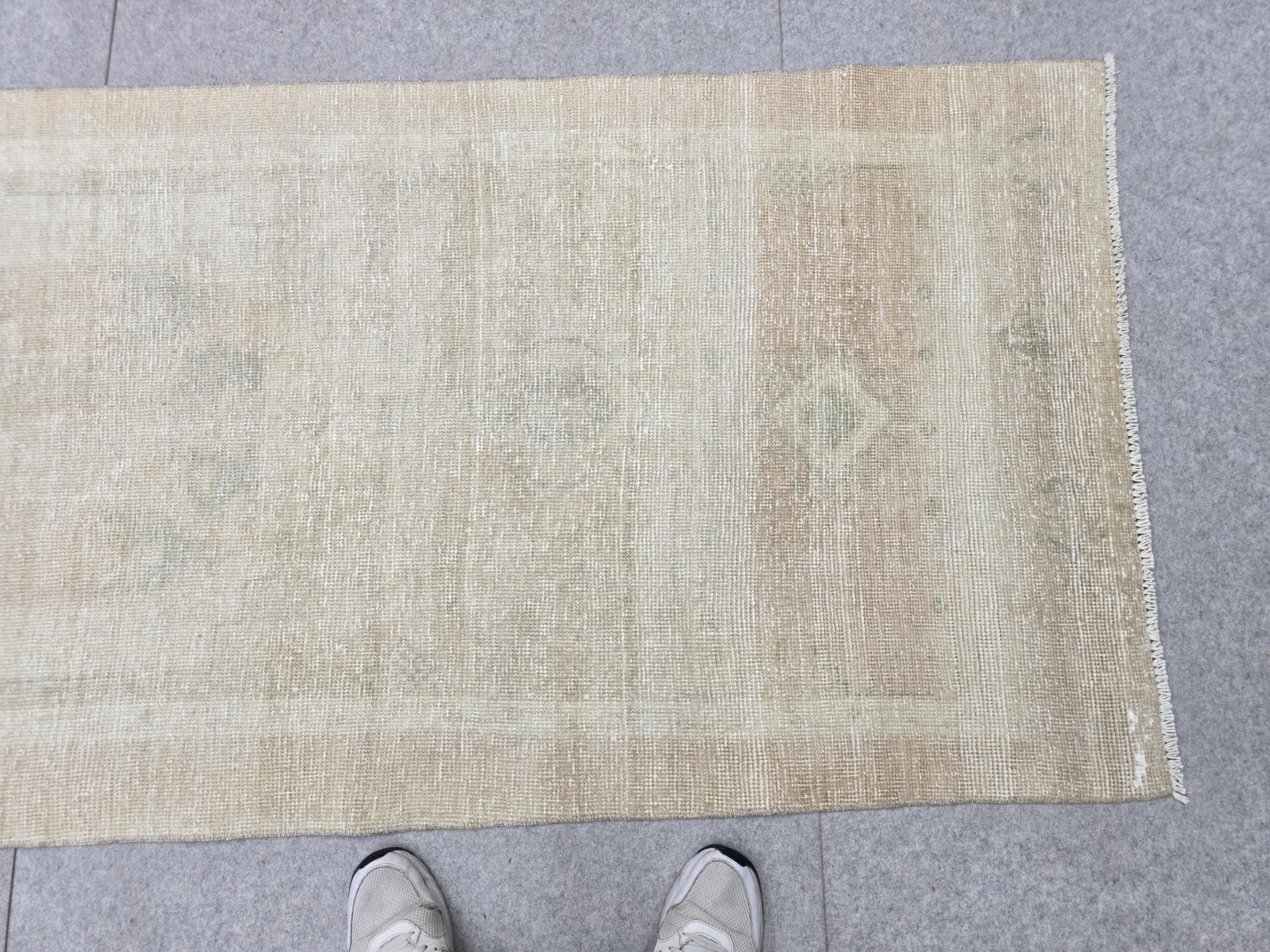 Oushak Runner Rug 3x13, Faded Apricot Beige Hallway Runner, Extra Long Wool Kitchen Runner, Soft Sage Entry Rug for Home Office Decor