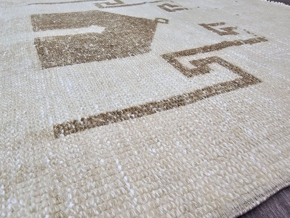 Hand-Knotted Wool Runner: Beige Cream Brown Antique Hallway Rug