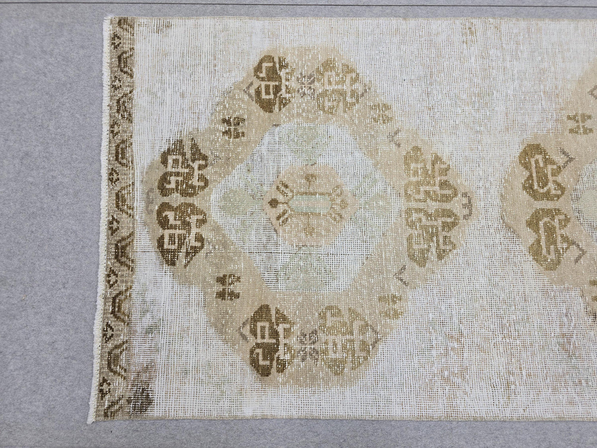 Turkish Rug 3x11, Faded Vintage Anatolian Wool Runner, Hand Knotted Neutral Medallion Hallway Runner, Boho Farmhouse Decor