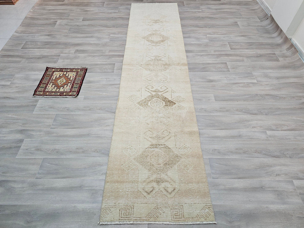 Hand Knotted Turkish Runner Rug 3x12: Vintage Wool Hallway Carpet