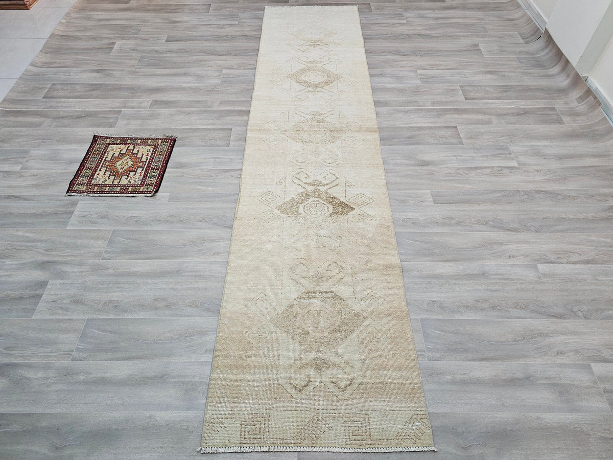 Hand Knotted Turkish Runner Rug 3x12: Vintage Wool Hallway Carpet