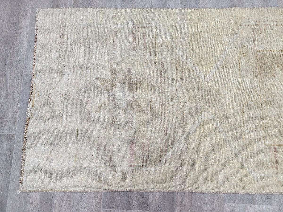 Antique Turkish Oushak Runner Rug: Beige Cream Wool, 3x12 ft