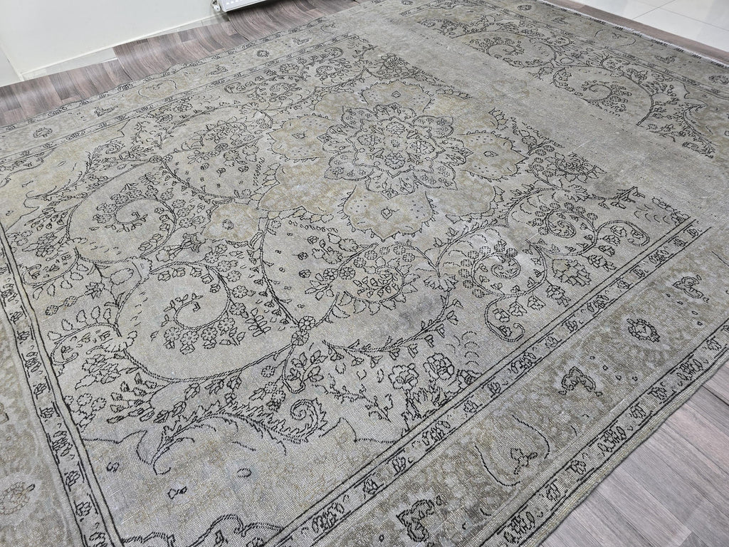 Overdyed Vintage Turkish Oushak Rug 10x12: Handwoven Wool Beige Gray Carpet