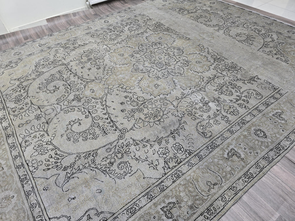 Overdyed Vintage Turkish Oushak Rug 10x12: Handwoven Wool Beige Gray Carpet