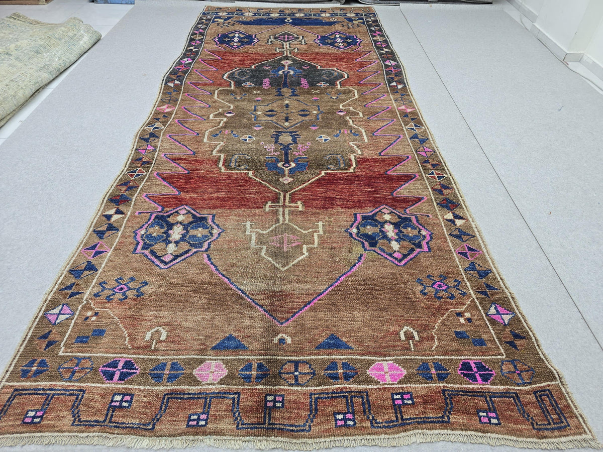 Turkish Oushak Rug 5x13, Vintage Wide Runner Rug, Hand Knotted Wool Kars Rug,  Anatolian Hallway Rug, Brown Red Boho Living Room Carpet