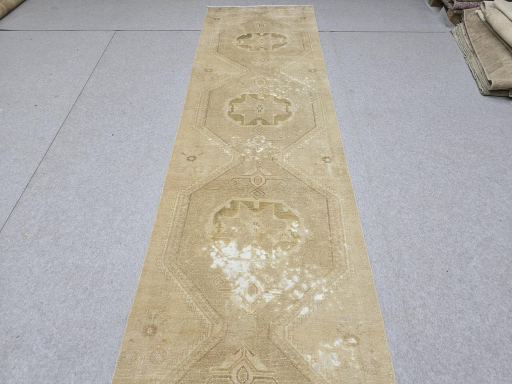 Turkish Rug 3x13, Antique Neutral Runner, Hand Knotted Wool Oushak Runner, Faded Camel Beige Hallway Carpet, Distressed Boho Stair Rug