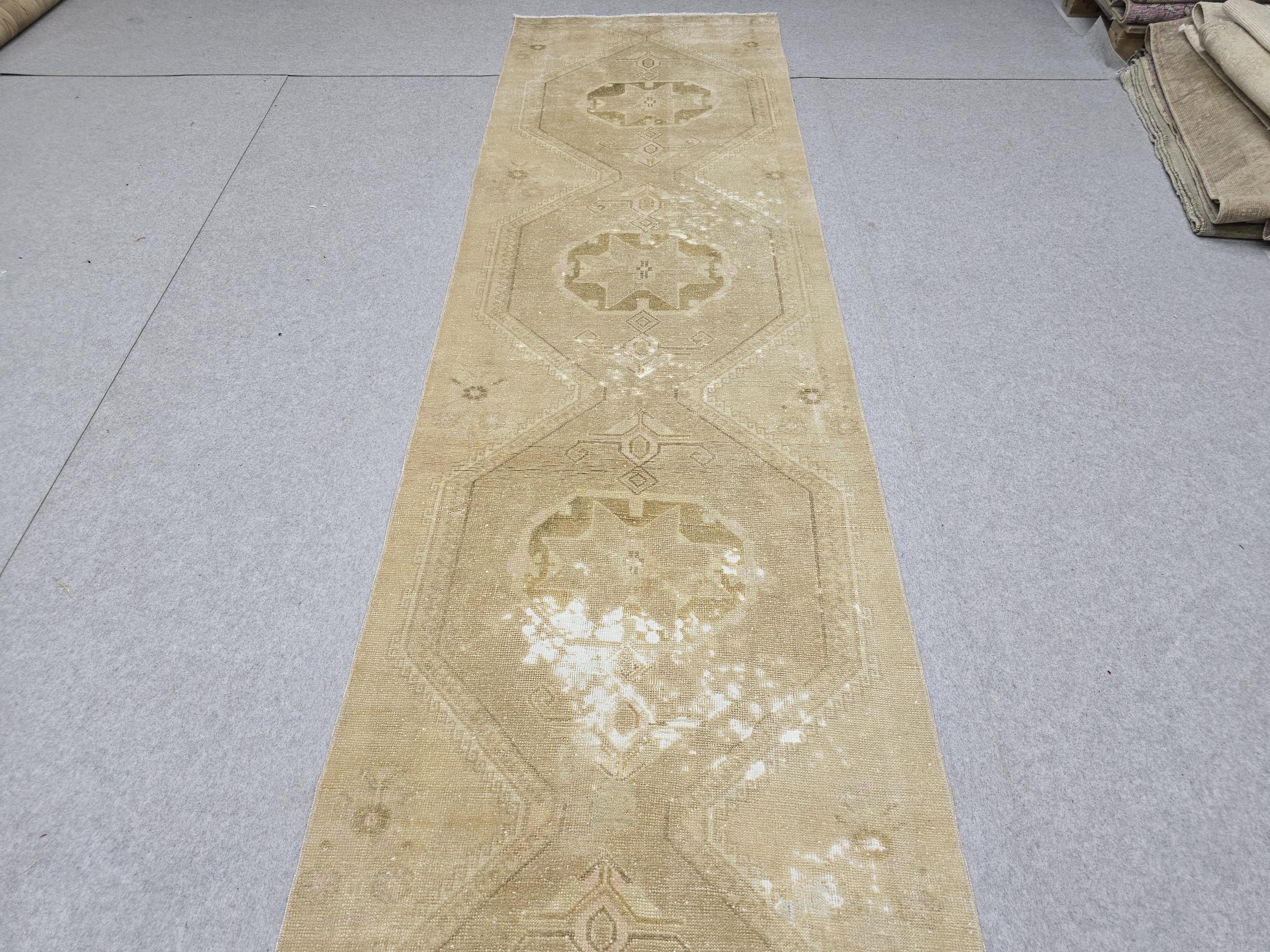 Turkish Rug 3x13, Antique Neutral Runner, Hand Knotted Wool Oushak Runner, Faded Camel Beige Hallway Carpet, Distressed Boho Stair Rug
