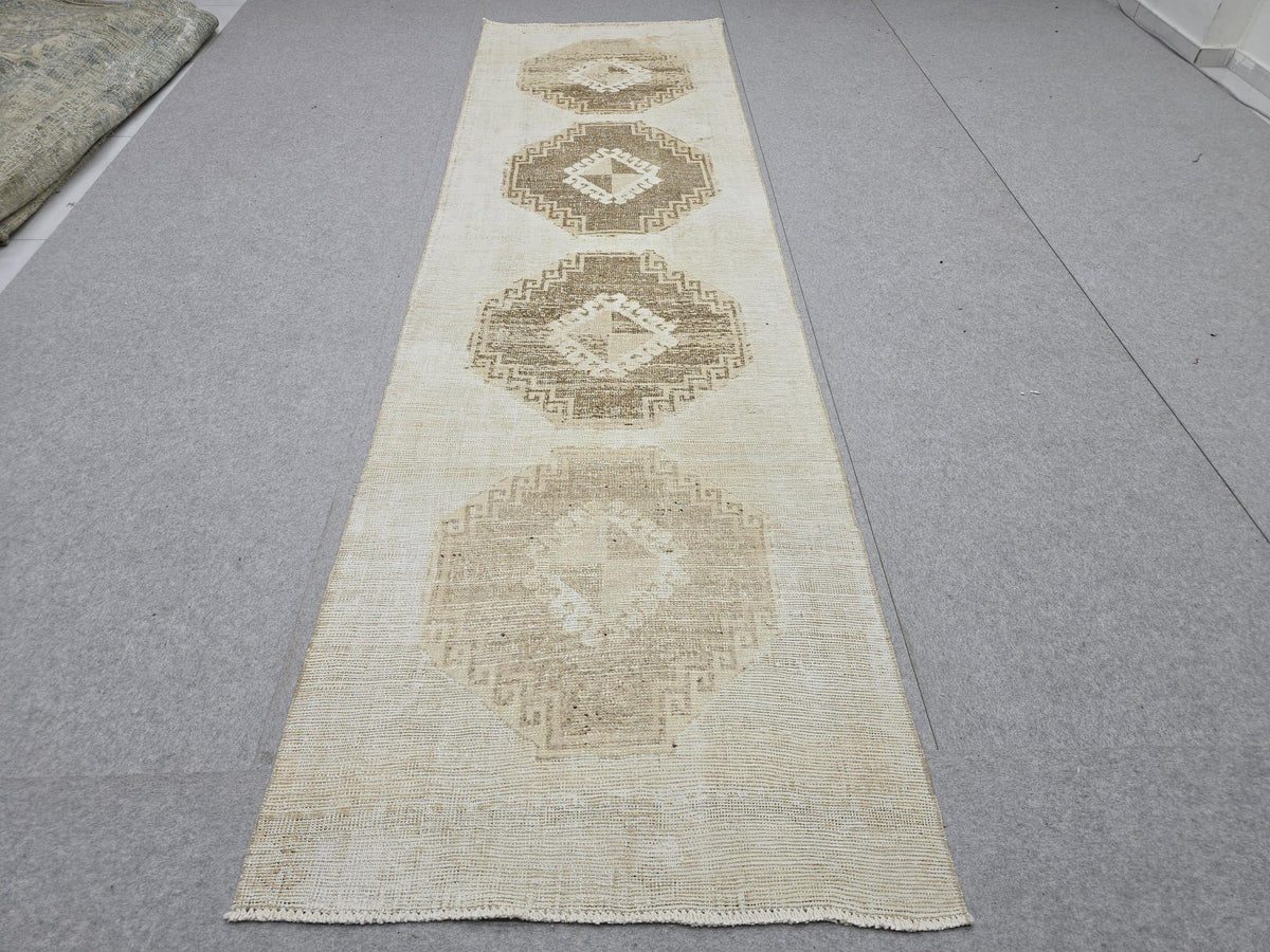 3x10 Oushak Runner Rug, Vintage Handwoven Anatolian Wool Runner, Neutral Faded Medallion Hallway Rug, Boho Rustic Decor