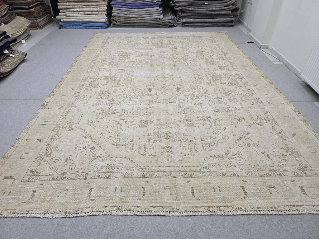 Oushak Rug 9x13, Muted Cream Beige Vintage Turkish Area Rug, Handknotted Wool Medallion Carpet for Living Room