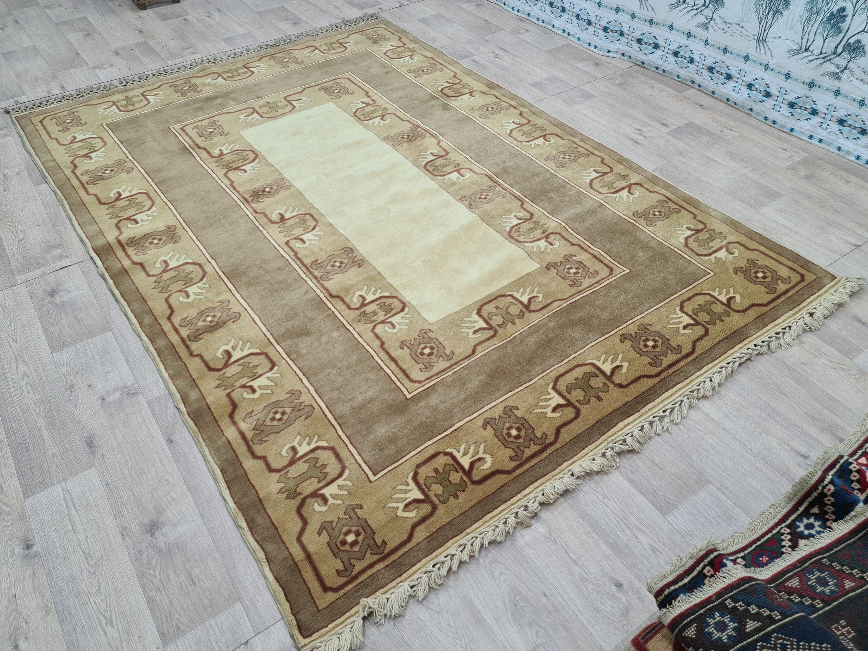 Handmade Oushak Rug 6x9: Modern  Area Carpet  Milas Design, Soft Neutral Colors